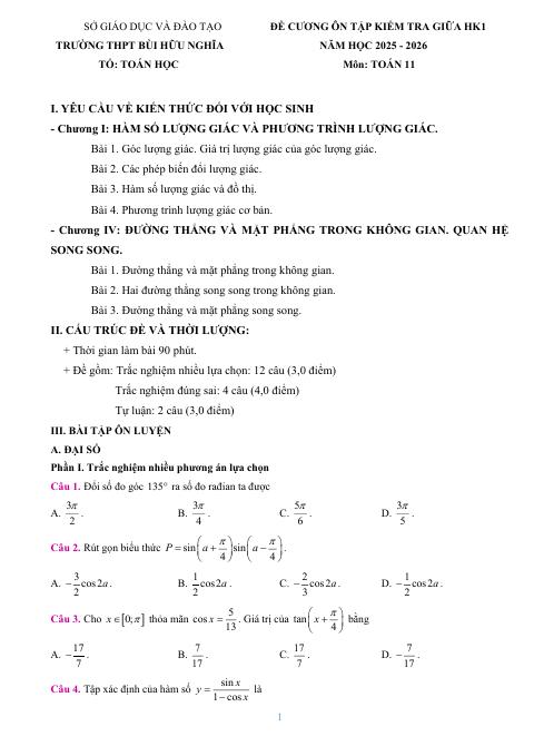 Đề cương ôn tập Giữa kì 1 Toán 11 trường THPT Bùi Hữu Nghĩa (Cần Thơ) năm 2025–2026